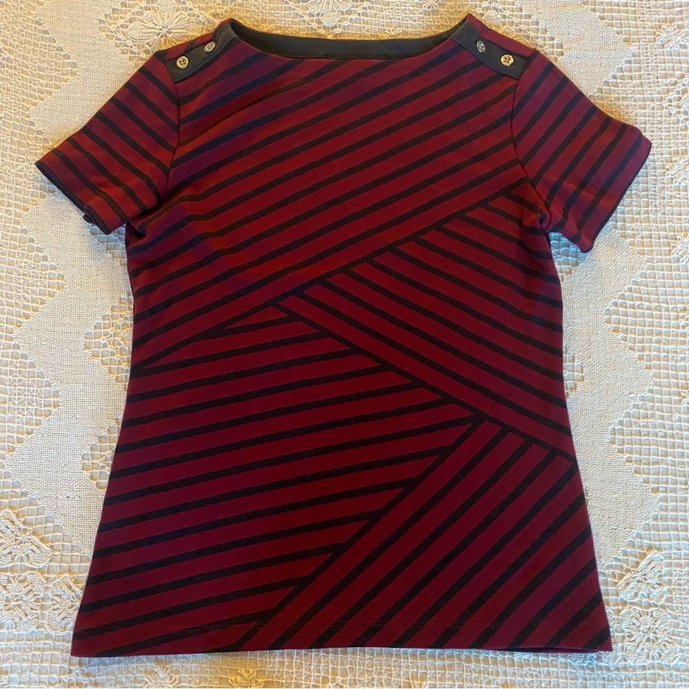 blk/bordeaux striped karen scott fitted cotton tee / size pp